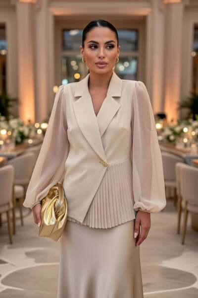 Moda Amore Women's Blouse with Metal Buttons, Tulle Sleeves and Pleated Detai...