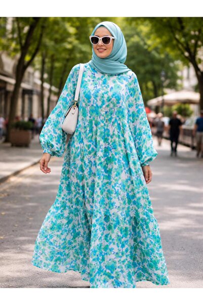 AXXAN Half Placket Patterned Dress with Elasticated Sleeves Buttoned Dress