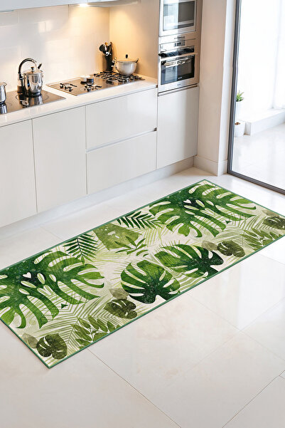 Home Yeşil Tropikal Yaprak Desenli Canlı Renkli Dekoratif Mutfak Halısı