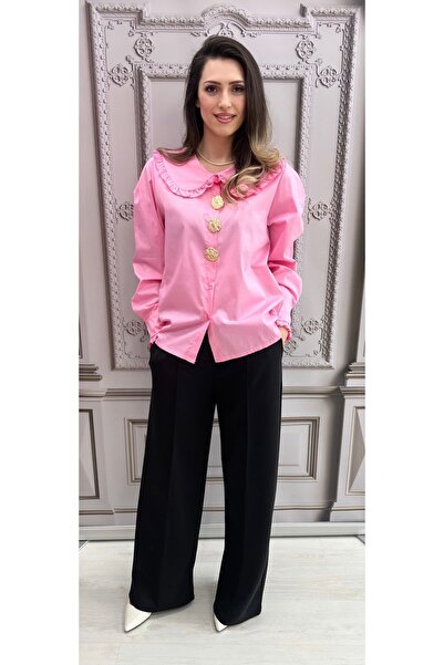 OnlyForYou 100% cotton shirt with gold brooch buttons and wide collar