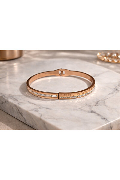 Z&T ACCESORIES سوار من الفولاذ المطلي بالذهب الوردي مع أرقام رومانية وحجارة