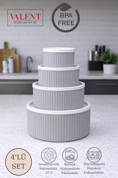 VALENT 4'lü Çizgili Yuvarlak Saklama Seti Gri | 3LT 1.8LT 1LT 0.55LT | Mikrod...