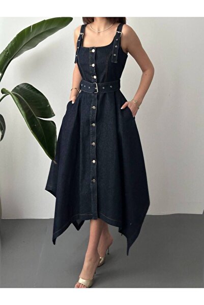 Ekim Store Rochie din denim albastru marin cu detaliu curea