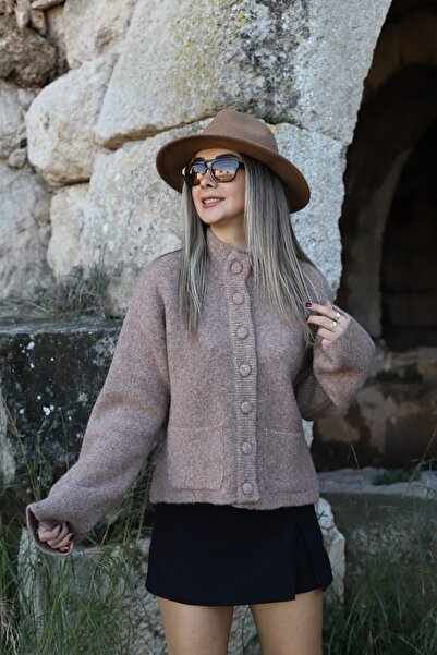 bytugcekaya Dark Beige Standard Size Stand Collar Buttoned Cardigan