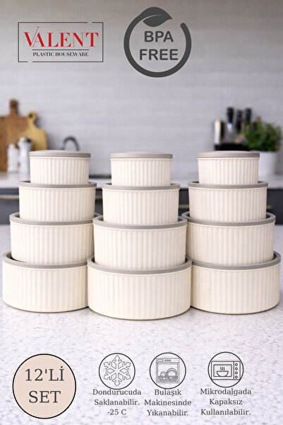 VALENT 12'li Çizgili Yuvarlak Saklama Seti Bej | 3LT 1.8LT 1LT 0.55LT | Mikro...
