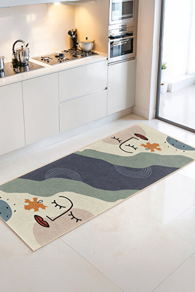 Home Soyut Yüz Motifli Renkli Desenli Modern Mutfak Halısı