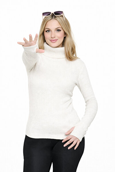 MetuCA Women's White Finger-Looped Turtleneck Ribbed Long Sleeve Knitwear Swe...