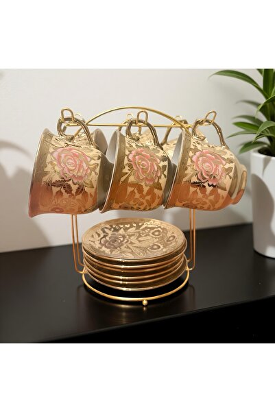Malooki Rose Gold with Gold Tea & Coffee Set, Porcelain Cups and Saucers, Pre...