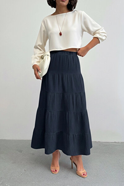 Lusin Women's Navy Blue Lined Muslin Fabric Premium Long Skirt