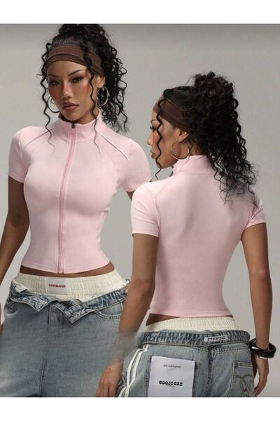 EDVESS Coolfit Short Sleeve Zip-Up Slim Fit Blouse