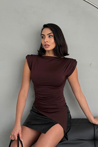 Auroveen Shoulder Padded Zero Sleeve Asymmetrical Detailed Blouse Av10078