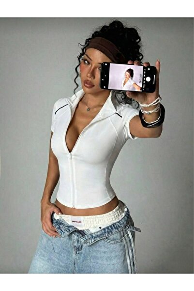 EDVESS Coolfit Short Sleeve Zip-Up Slim Fit Blouse