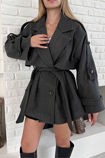 gm giyimarket New Season Premium Belt Detailed Short Cashmere Coat