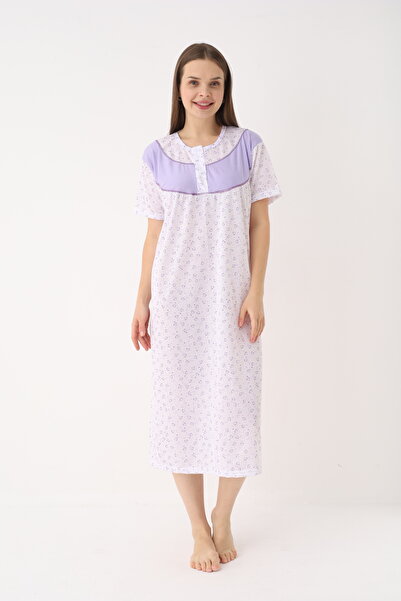 YASAR UNDERWEAR Women's Cotton Short Sleeve Patterned Buttoned Long Nightgown