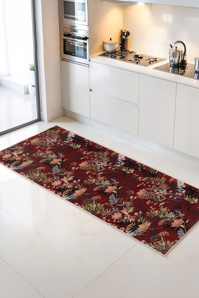 Home Kırmızı Fondaki Çiçek Desenli Vintage Tarz Dekoratif Mutfak Halısı
