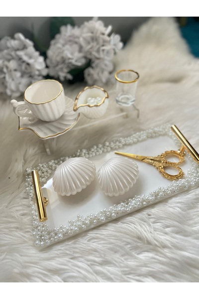 RESİNARTSHOP Epoksi Tepsi Dikdörtgen Full İncili Nişan + Damat Seti Küçük boy...