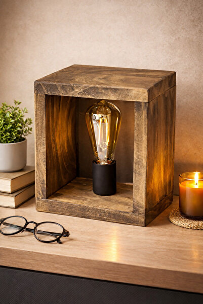 ONUR AVİZE Retro Rustik Ahşap Masa Lambası Ahşap Abajur Ahşap Dekoratif Eskit...