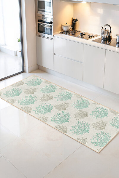 Home Mint Yeşili Mercan Desenli Şık Dekoratif Mutfak Halısı