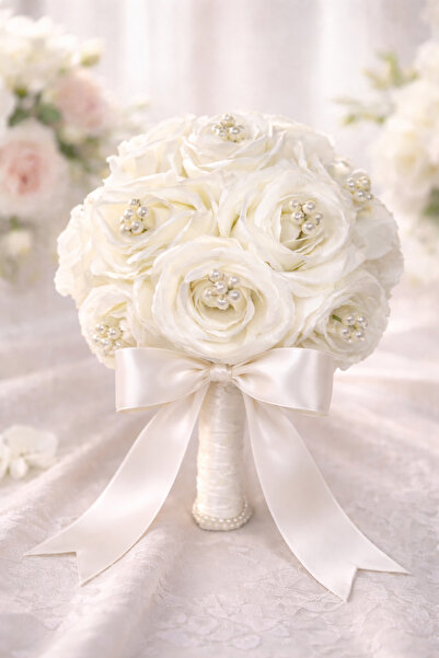 Bioren Minimal İnci Detaylı El Yapımı Tülsüz Gül Gelin Buketi - Gelin Çiçeği ...