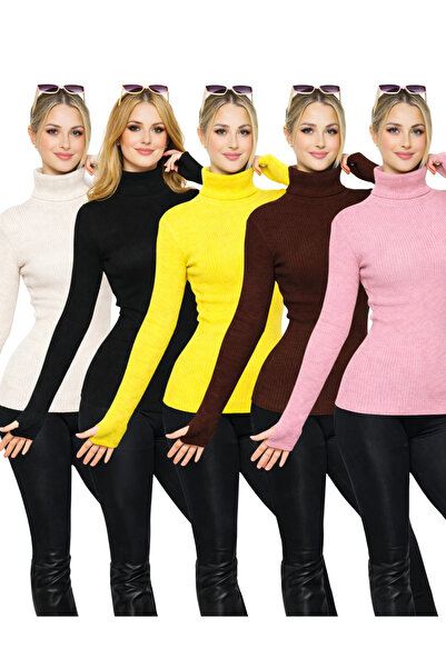 MetuCA Pack of 5 Black Ecru Brown Yellow Pink Finger-Looped Turtleneck Sweate...