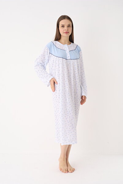 YASAR UNDERWEAR Women's Cotton Long Sleeve Patterned Buttoned Long Nightgown