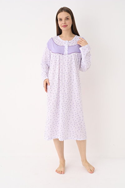 YASAR UNDERWEAR Women's Cotton Long Sleeve Patterned Buttoned Long Nightgown