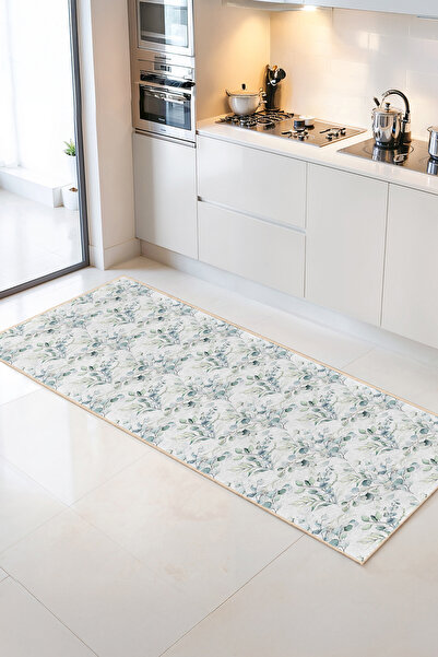 Home Yeşil Eucalyptus Desenli Şık ve Yemyeşil Mutfak Halısı