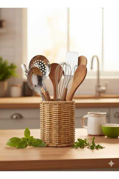 LOVYCO Suport multifuncțional din răchită cu design rustic, suport pentru flori - suport pentru linguri și spatule - decor boem pentru bucătărie