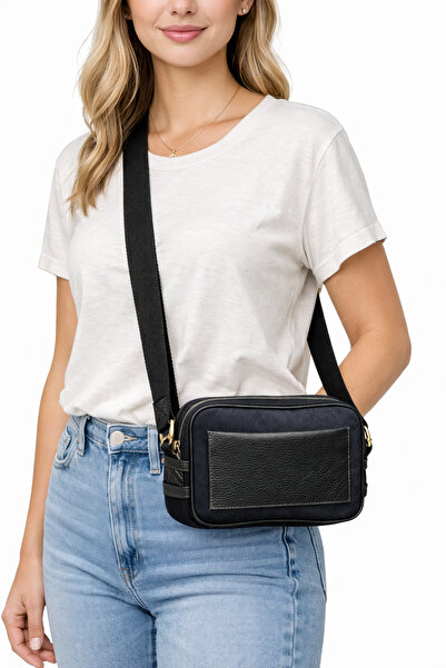 HBS Geantă de umăr mini din pânză pentru femei, cu detalii din piele |   Mode...