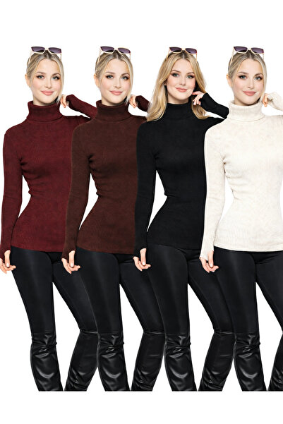 MetuCA Pack of 4 Burgundy Brown Black Ecru Finger-Looped Turtleneck Ribbed Kn...