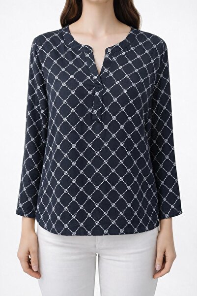 Neden Tekstil Navy Blue Geometric Patterned V-Neck Buttoned Blouse