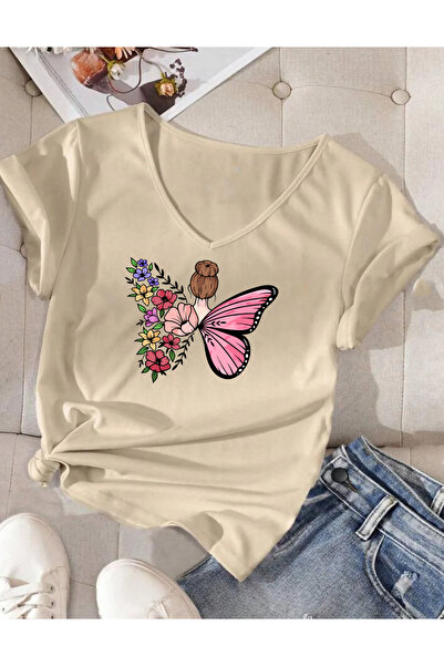SUNFREE Butterfly Printed V-Neck Short Sleeves Cotton Combed Women's Tshirt