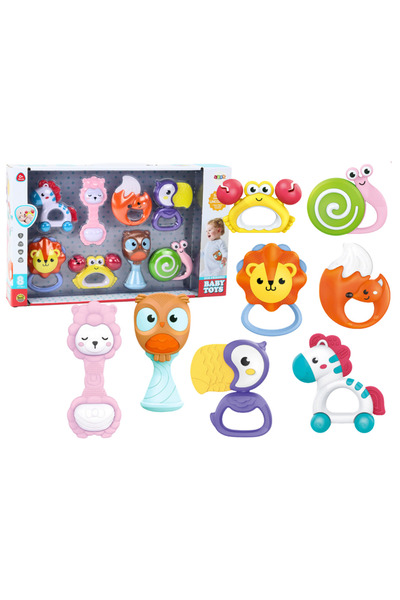 LEAN Set of 8 animal baby rattles and teething rings