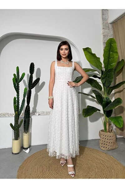 Dilek Vardar Fiyonk Dokulu Askılı Beyaz Uzun Elbise