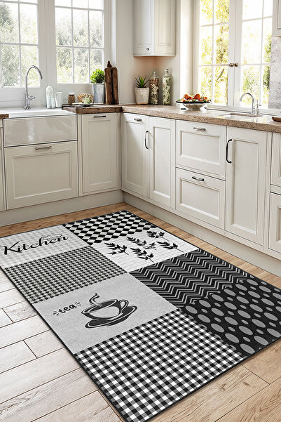 Home Siyah Beyaz Çizgili ve Desenli Modern Tarzlı Dekoratif Mutfak Halısı