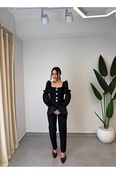 MARGA Gold Düğme Detaylı Balon Kol Bluz Siyah