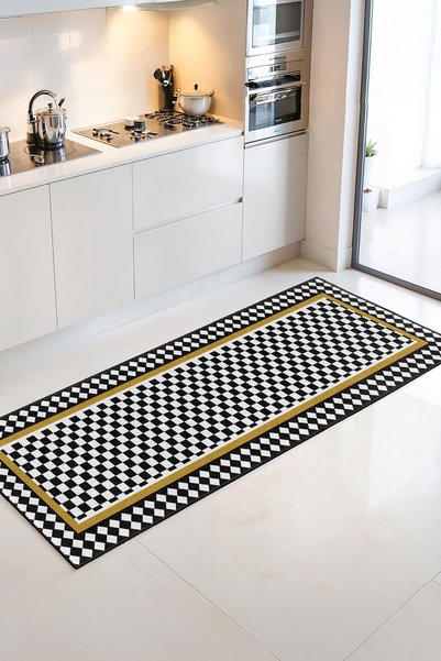 Home Siyah-Beyaz Kare Desenli Lüks Tarz Dekoratif Mutfak Halısı