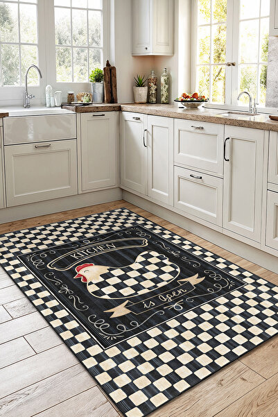 Home Siyah Beyaz Kare Desenli Şık ve Eğlenceli Mutfak Halısı