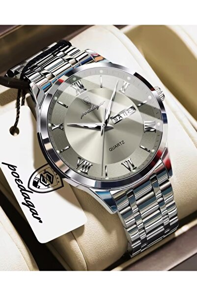 POEDAGAR Metal Case Cord Silver Color Men's Wristwatch Compatible with Any Co...