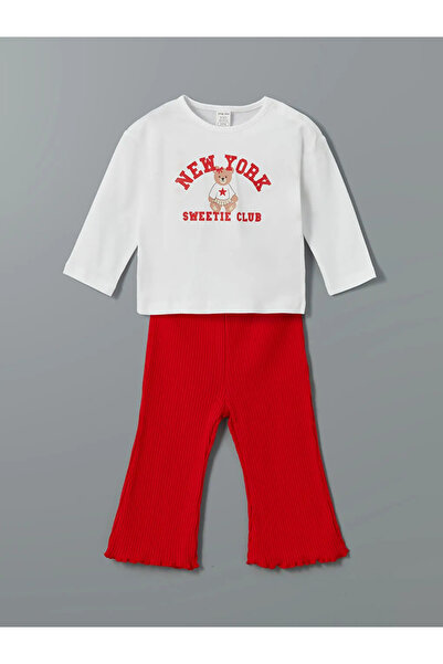 LC Waikiki LCW Бебешко екрю сладко мече с принт за момиченца, комплект от 2 ч...