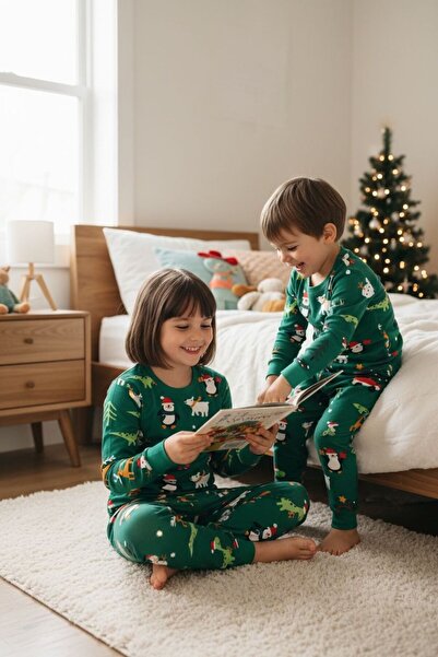 SERRASTIL Unisex Children's Pajama Set Green Color Mixed Patterned 100% Cotto...