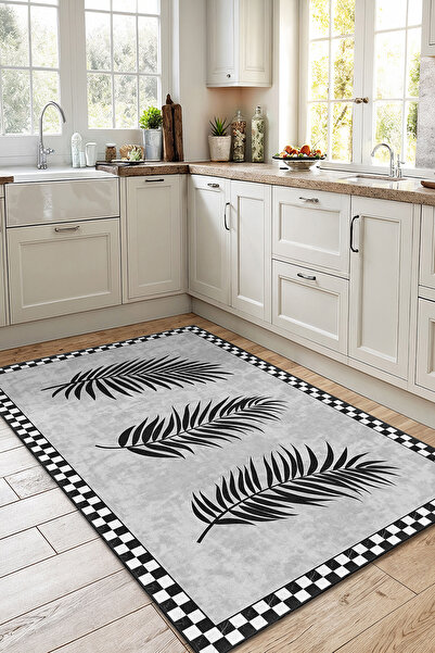 Home Siyah Yaprak Desenli Modern Tarz Dekoratif Mutfak Halısı