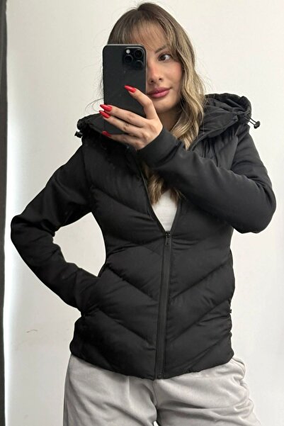 gm giyimarket Women's Zra Model Contrast Hooded Puffer Coat
