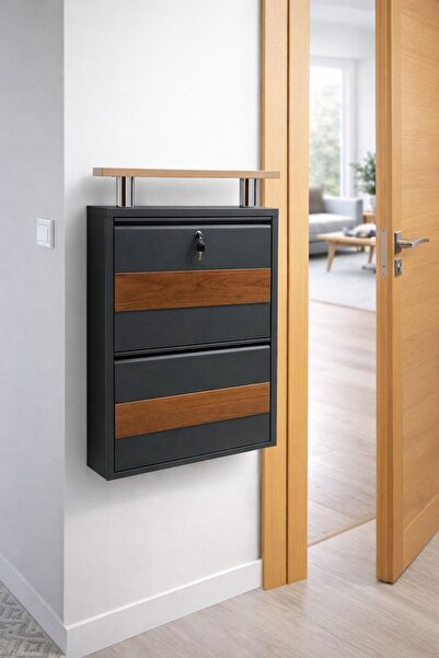 Arinna 2'Lİ KİLİTLİ ANTRASİT METAL AYAKKABILIK ( AHŞAP DESENLİ VE ÜST AHŞAP T...