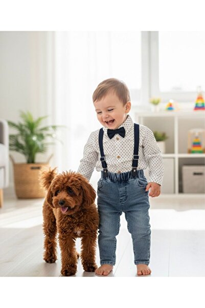 P&H BABYWEAR طقم للأولاد الصغار/الأطفال مع ربطة عنق وحزام وبنطلون جينز ليكرا
