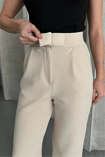 MetuCA Ženske pantalone od tkanine u boji kamena Visok struk sa čičkom Nabran...