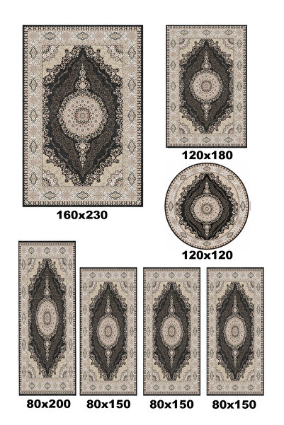 AOKİ Silk Carpet Patterned Black 7 Piece Carpet Machine Washable Non-Slip Base