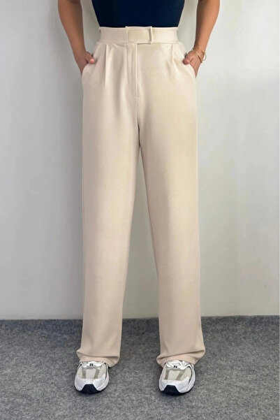 MetuCA Women's Stone Color High Waist Velcro Pleated Wide Leg Crepe Fabric Tr...