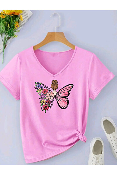 SUNFREE Butterfly Printed V-Neck Short Sleeves Cotton Combed Women's Tshirt