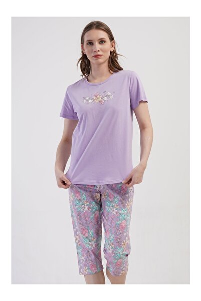 VİENETTA Pamuklu Kadın Büyük Beden Kısa Kol Kaprili Pijama Takım, 410036